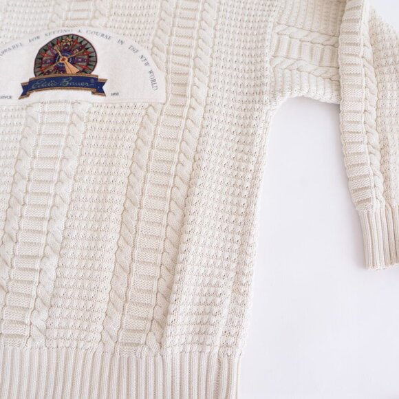 Vintage 90S Eddie Bauer Cream Cable Knit Nautical Mock Neck Sweater Medium - Picture 7 of 10
